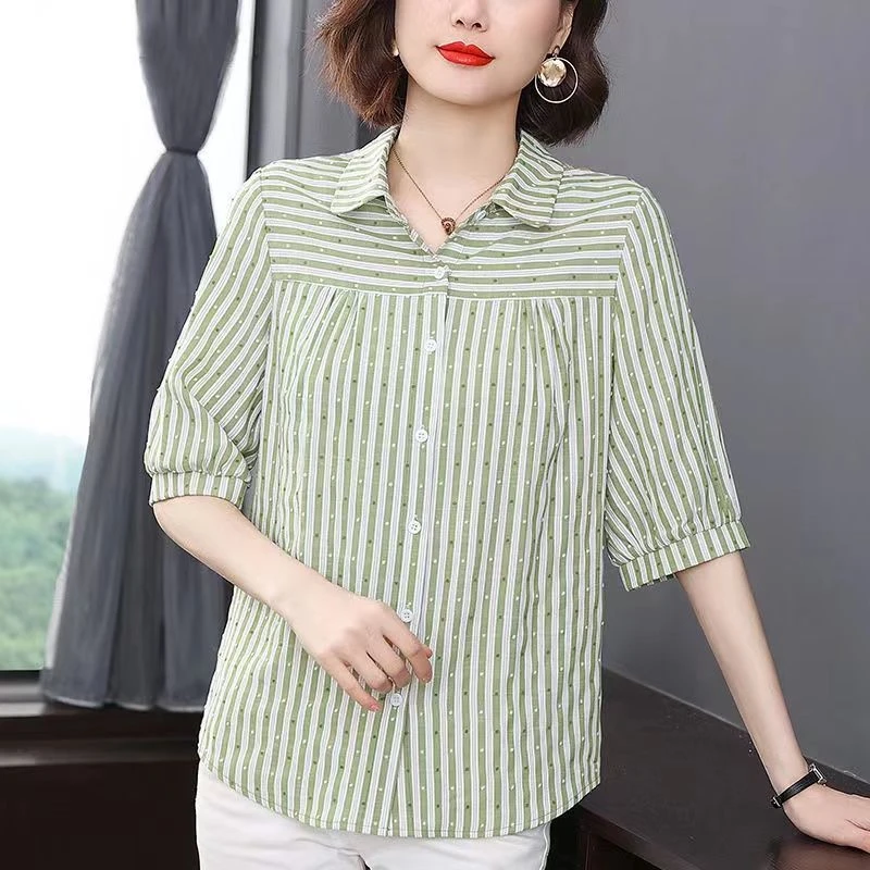 条纹五分袖衬衫女宽松妈妈短袖棉衬衣2025夏装新款中年女士上衣潮