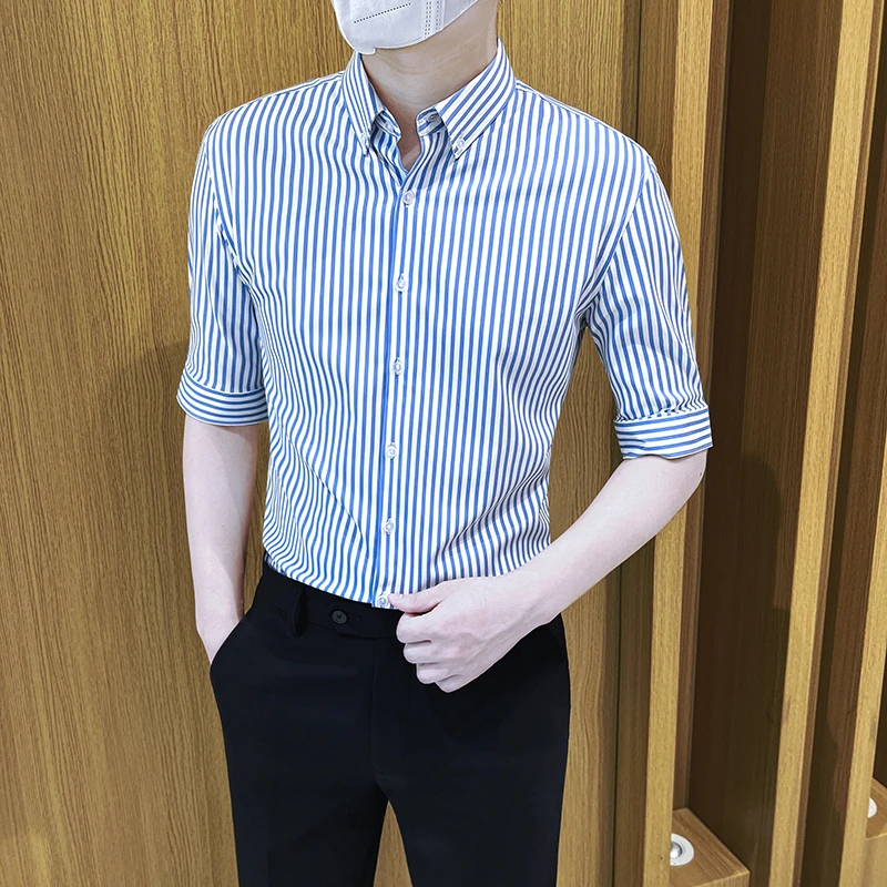 条纹短袖衬衫男夏季薄款2025新款修身垂感高级感七分半袖男士衬衣