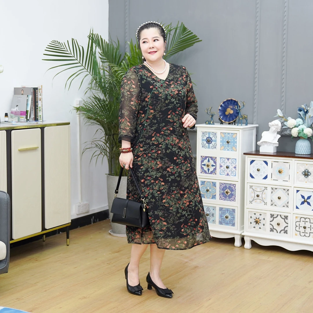 娜丹静原创轻奢大码女装洋气显瘦碎花夏季旗袍连衣裙ZD22255