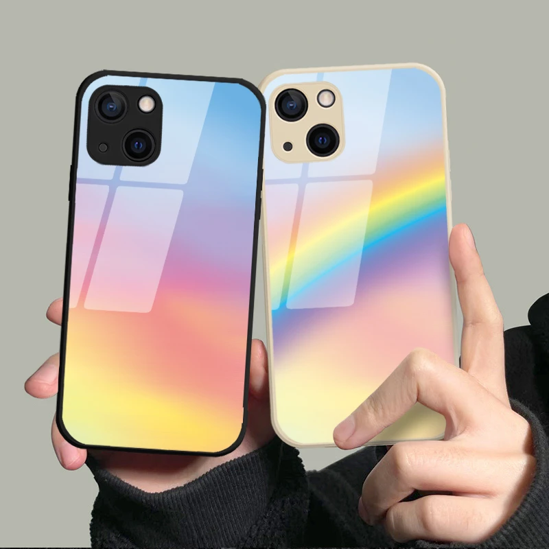 适用于苹果/华为/小米/oppo/vivo简单漂亮渐变彩色彩虹玻璃手机壳