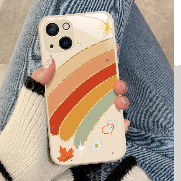 适用于苹果/华为/小米/oppo/vivo创意宝石彩虹网红女玻璃手机壳