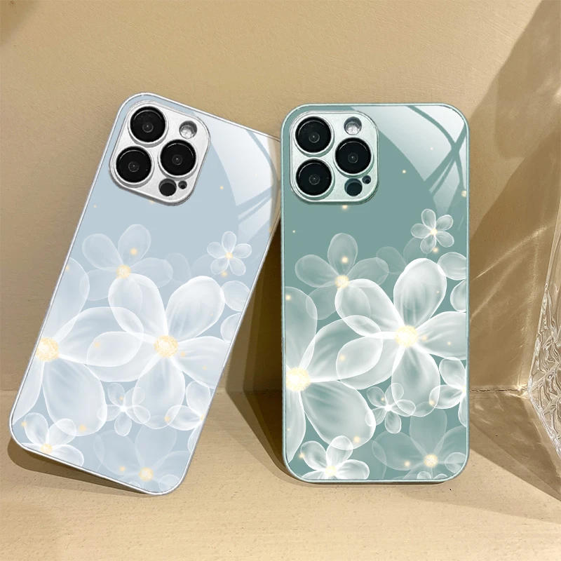 适用于苹果/华为/小米/oppo/vivo高级透明花ins金属漆玻璃手机壳