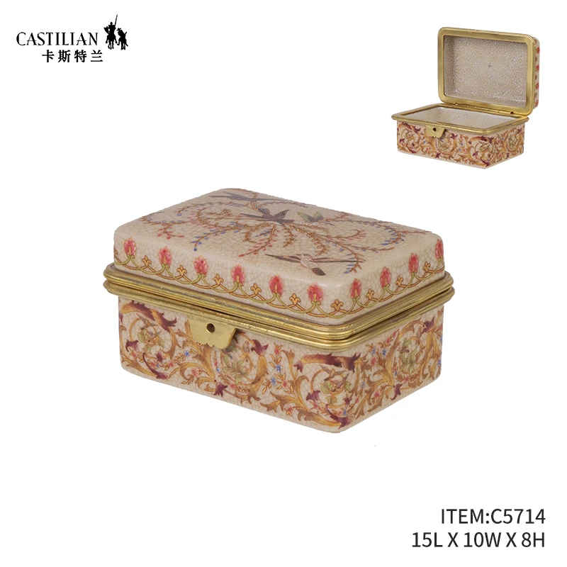 派力斯喜燕衔春铜配瓷手绘首饰储物盒居家美式客厅卧室储物摆/