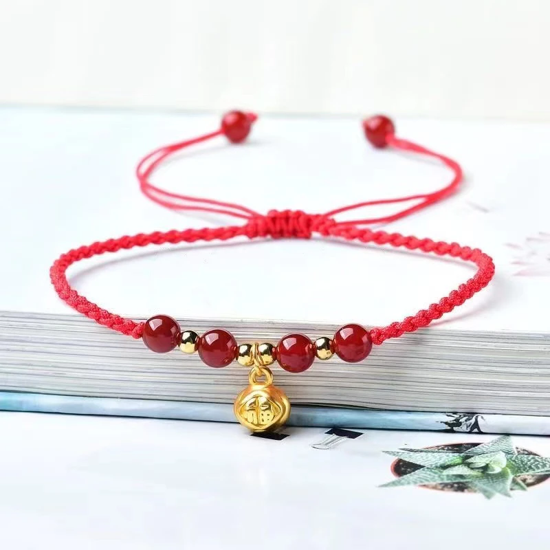布艺脚链 新款福字吊坠古风手工编织红绳脚链