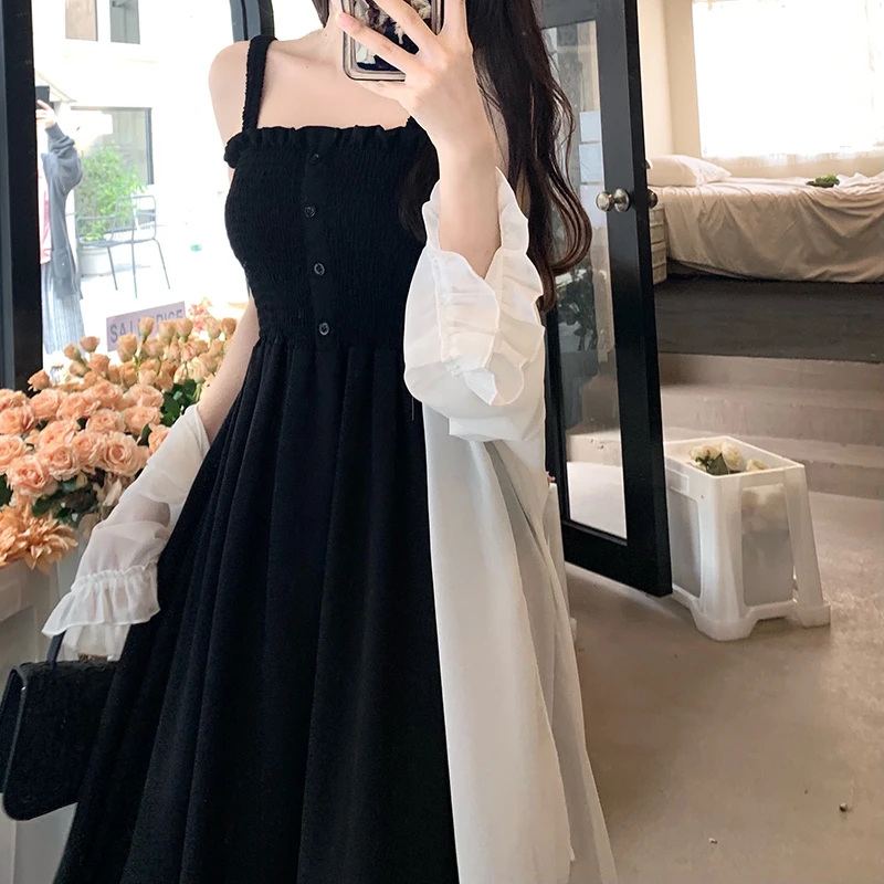 2025夏胖mm网红洋气炸街女装显瘦吊带长裙+雪纺披肩防晒衣两件套