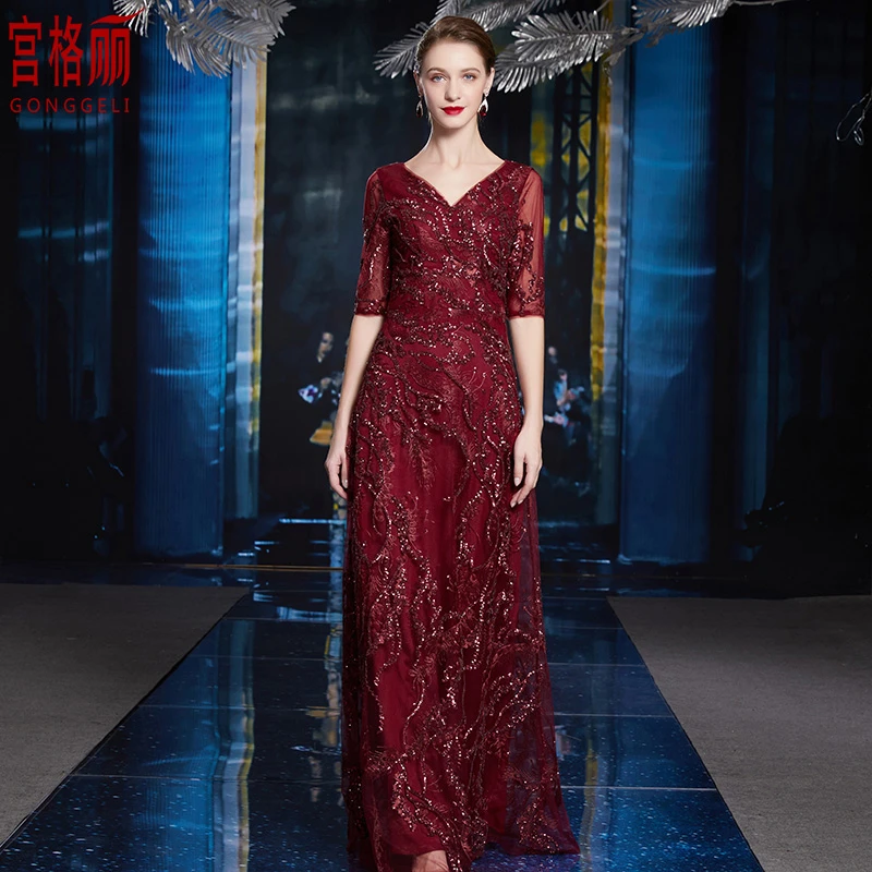 春夏新款喜婆婆婚宴装妈妈参加生日宴晚会礼服酒红色V领高档气质