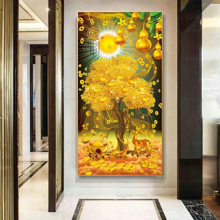 入户玄关画【五福临门】新中式玄关过道挂画葫芦客厅装饰画晶瓷画
