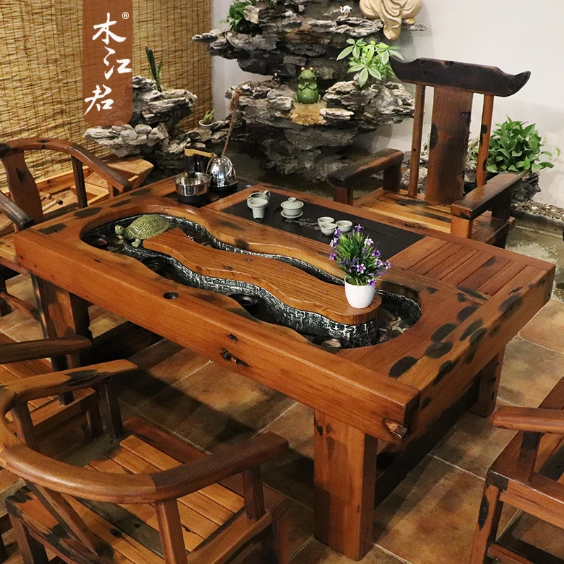 木江君老船木茶桌椅组合实木流水养鱼景观茶台中式禅意原木设计