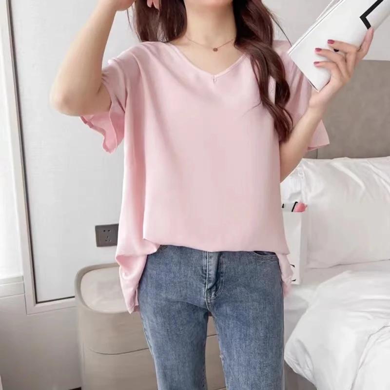 睡衣女夏棉绸上衣搭配网红九分裤人造棉时尚宽松夏季纯色圆领百搭
