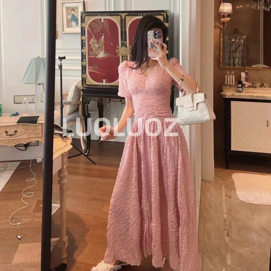 【现货】LUOLUOZ【樱花初绽】清纯V领收腰显瘦肌理半袖连衣裙378