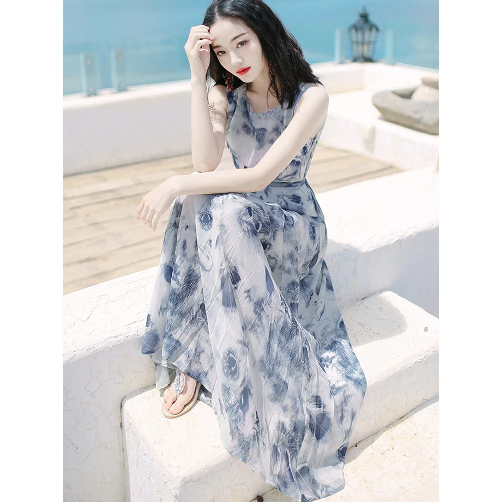 夏季时尚高级气质女装早春夏沙滩裙水墨画风格海边度假雪纺连衣裙