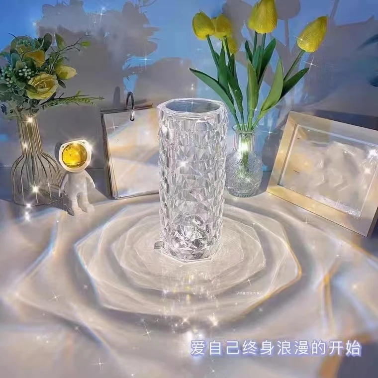 水晶台灯玫瑰花瓣氛围灯网红钻石灯卧室浪漫床头灯充电触摸小夜灯