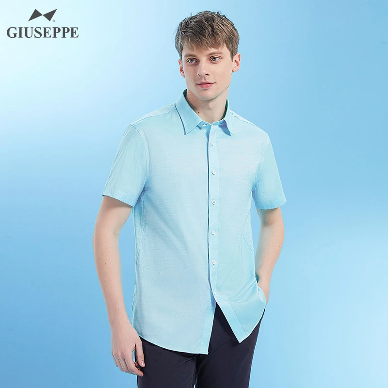乔治白纯棉修身湖蓝时尚休闲短袖薄款男式衬衫