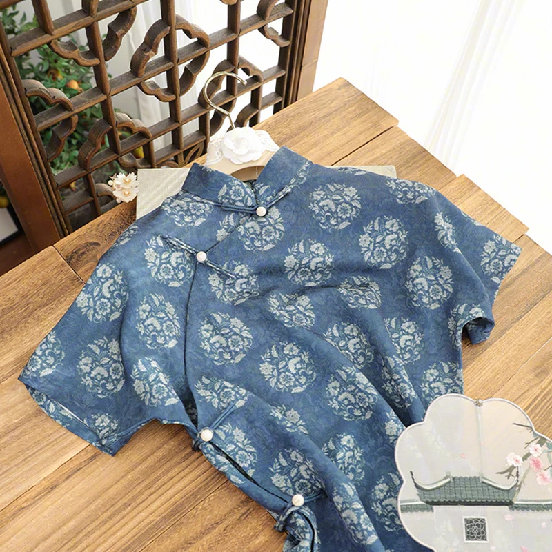 俏娘鱼新中式国风古法旗袍新款日常可穿年轻款蓝色复古全开襟改良