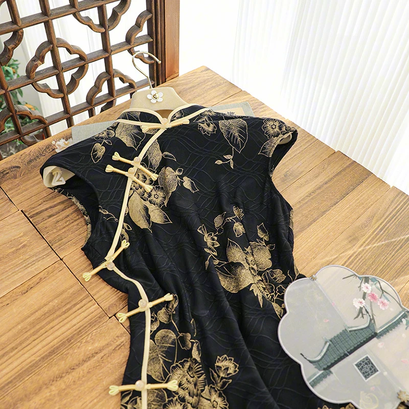 俏娘鱼新中式古法改良旗袍新款月牙袖黑色复古气质日常可穿民国风