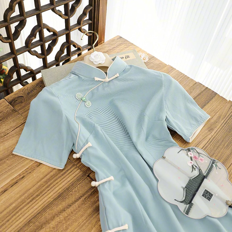 俏娘鱼新中式古法改良旗袍新款日常可穿年轻款浅蓝色复古短袖国风