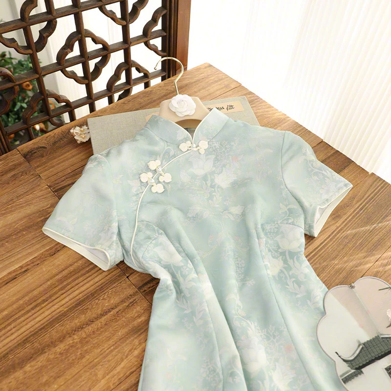 俏娘鱼新中式改良旗袍裙春季新款日常可穿气质优雅淑女范提花国风