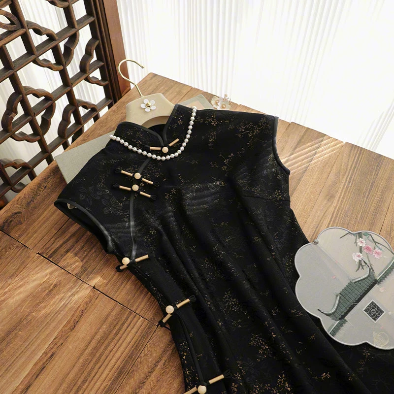 俏娘鱼新中式旗袍国风连衣裙新款日常可穿黑色蕾丝复古月牙袖改良