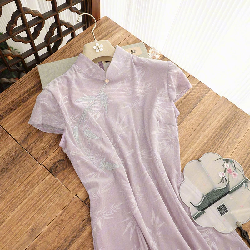 俏娘鱼2025年春季新款改良新中式紫色优雅淑女范短袖旗袍日常可穿