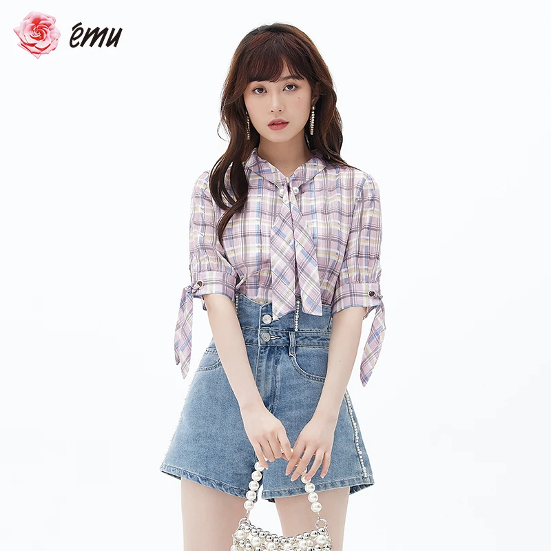 领微透格纹夏季格子宽松上衣高腰时尚设计感显瘦休闲小个子