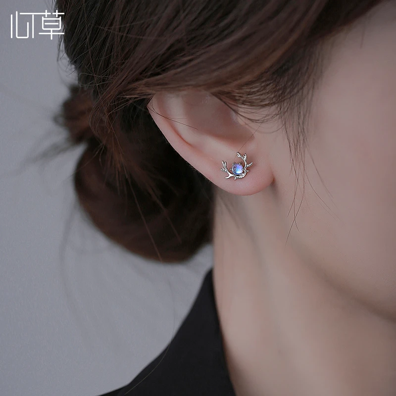 心草 925银合成锆石耳饰 女一鹿有你耳钉小众设计感月光森林耳环
