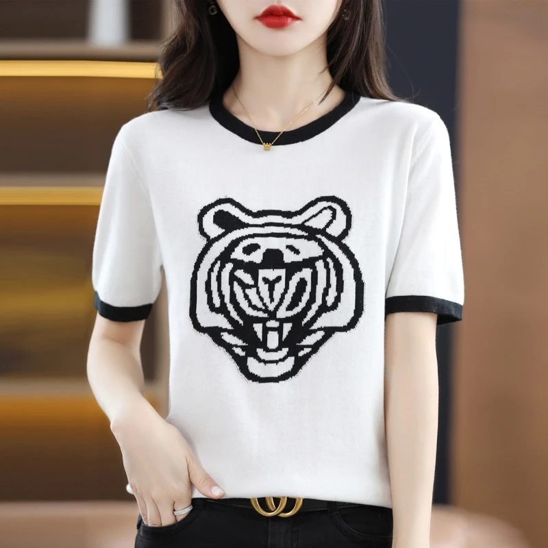 不起球2022夏季新款100%纯棉女针织短袖提花老虎圆领宽松拼色T恤
