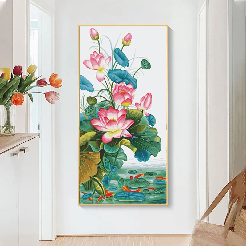 荷韵荷花玄关十字绣2022新款线绣手工自己绣客厅刺绣大幅大气满绣