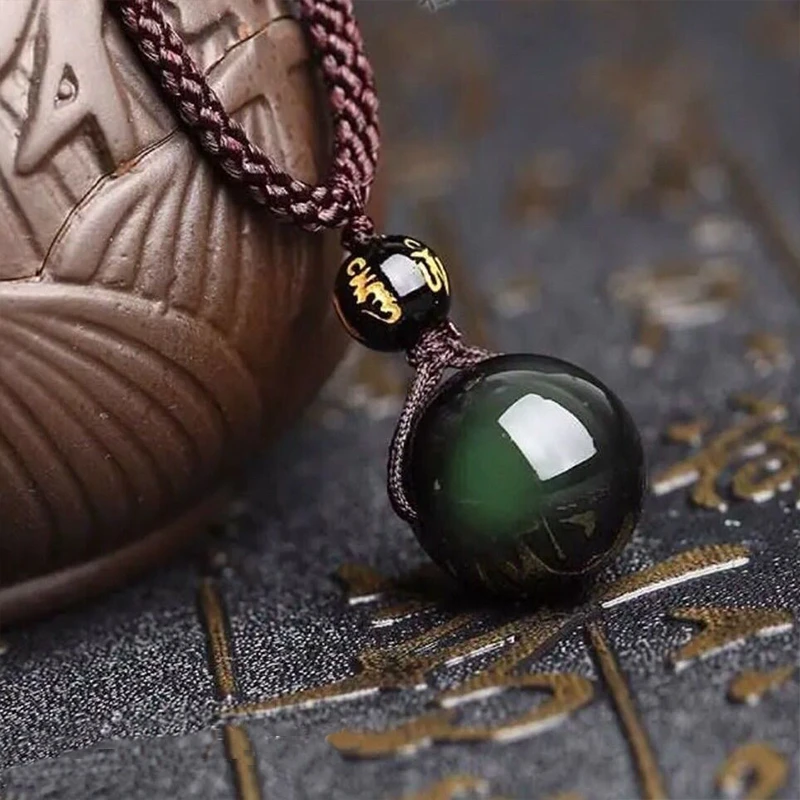 天然黑曜石彩虹眼吊坠男女情侣彩曜转运珠项链手工编织绳纪念礼物