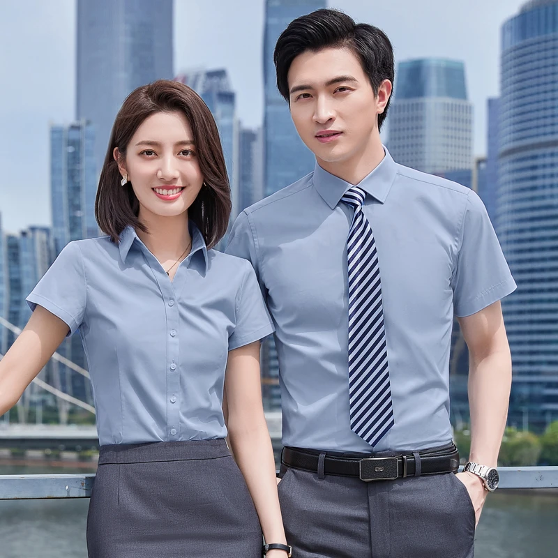竹纤维职业装衬衫短袖男女同款套装夏季工装售楼部衬衣定制绣LOGO
