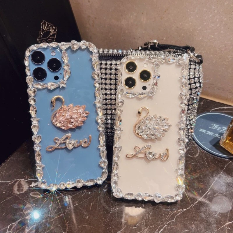 苹果高端水钻天鹅iPhone15promax透明创意13女款14手机壳12超薄潮