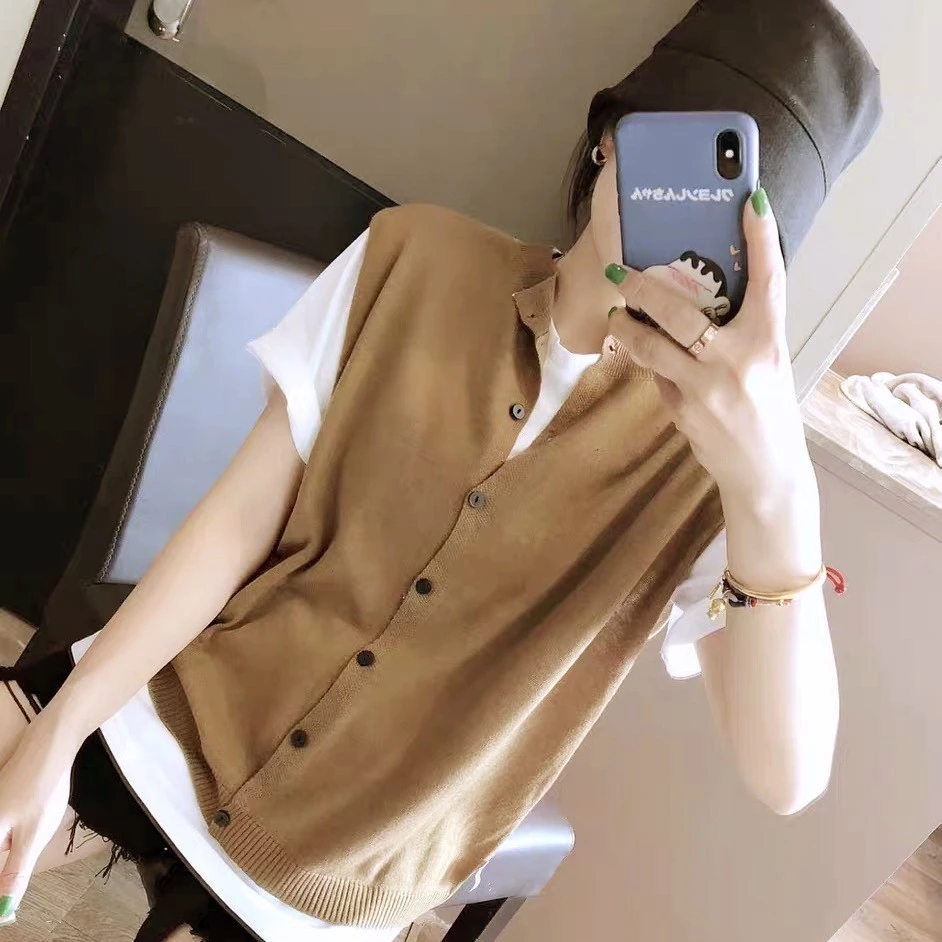 春秋开衫针织短款圆领马甲显瘦上衣纯色无袖设计感小众薄款宽松