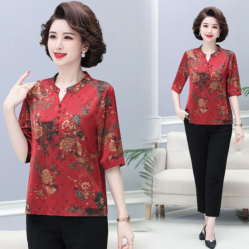 夏季套装新款宽松上衣五分袖小衫女时尚阔太太气质洋气显瘦两件套