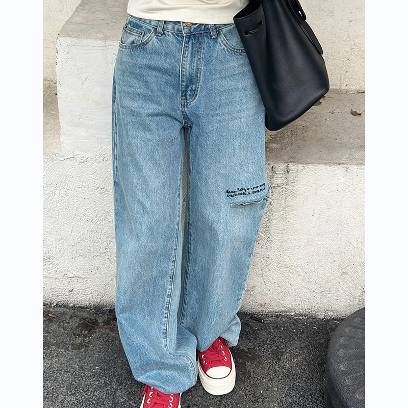 LYXZ x 大小与【海的诗词】秋季新款左裤腿字母割破洞牛仔裤女67847