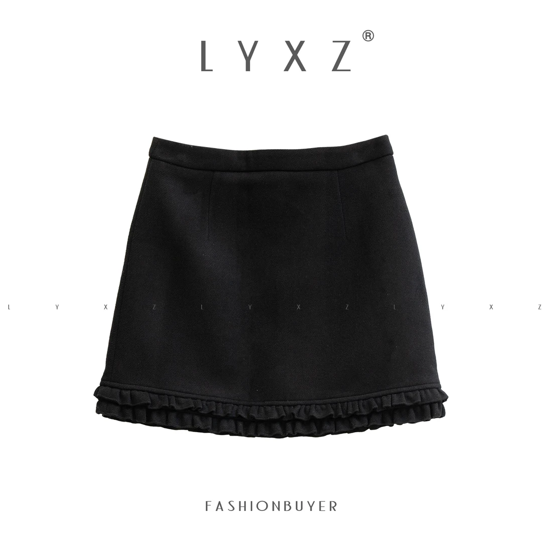 LYXZ x 大小与【月影】冬季新款显瘦简约后拉链木耳边短裙75936