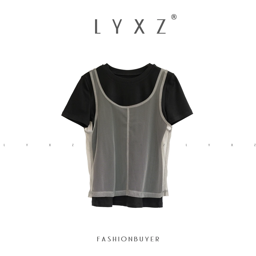 LYXZ x【流荧】春季新款圆领拼网纱假两件短袖T恤76995