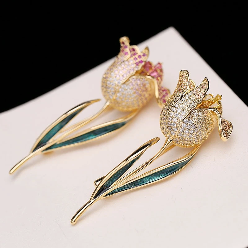 新款优雅气质郁金香胸针 金色➕玫红