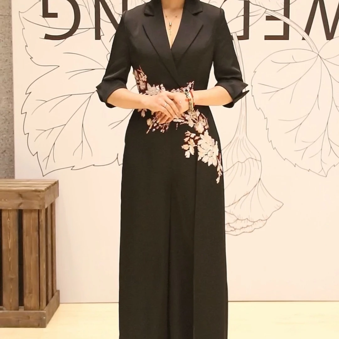 【美婆婆礼服私人定制】黑色连体型阔腿裤重工珠片刺绣花朵礼服裤