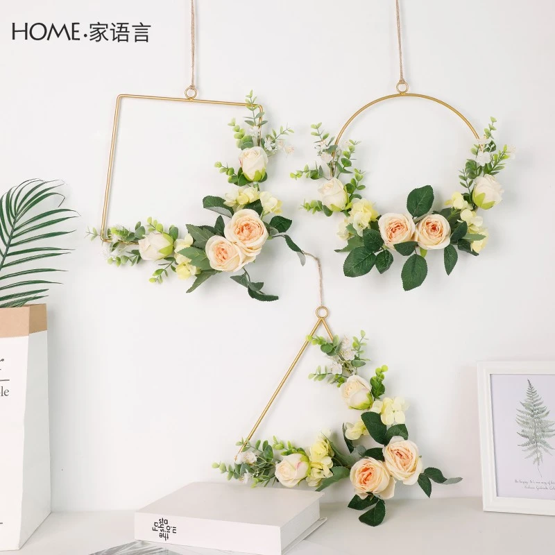 现代简约卧室挂件墙上装饰品挂墙面花艺北欧手工花环铁艺圆形吊饰