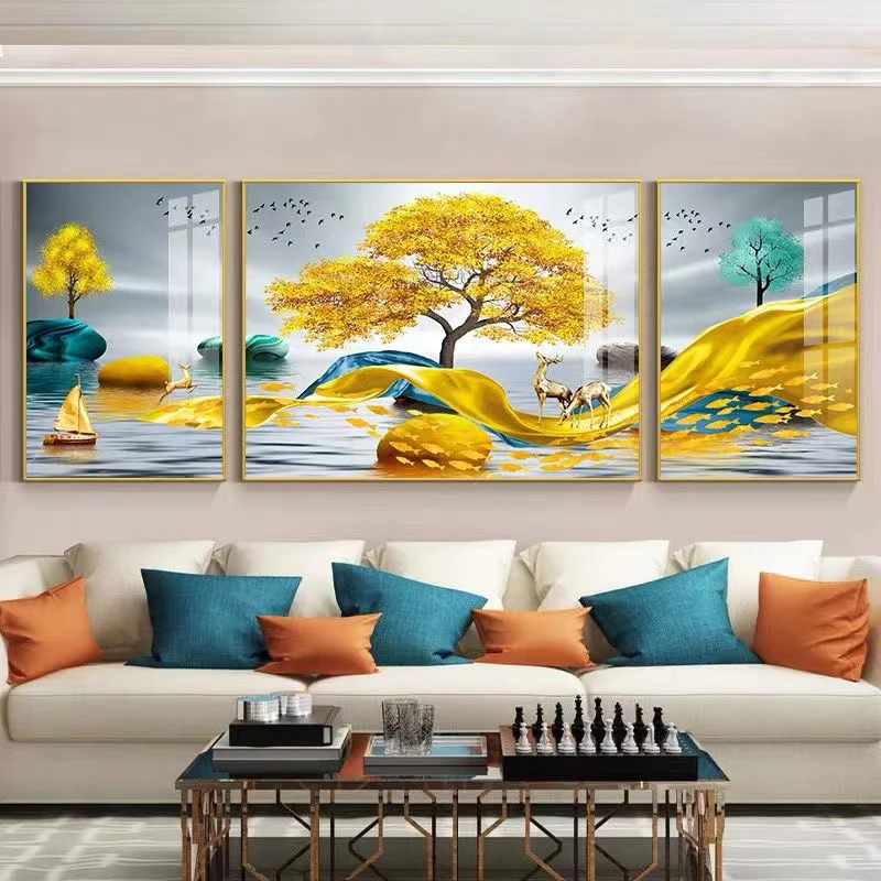 【福禄前程】风格手工装饰画挂画沙发背景三联画晶瓷装饰画轻奢风格