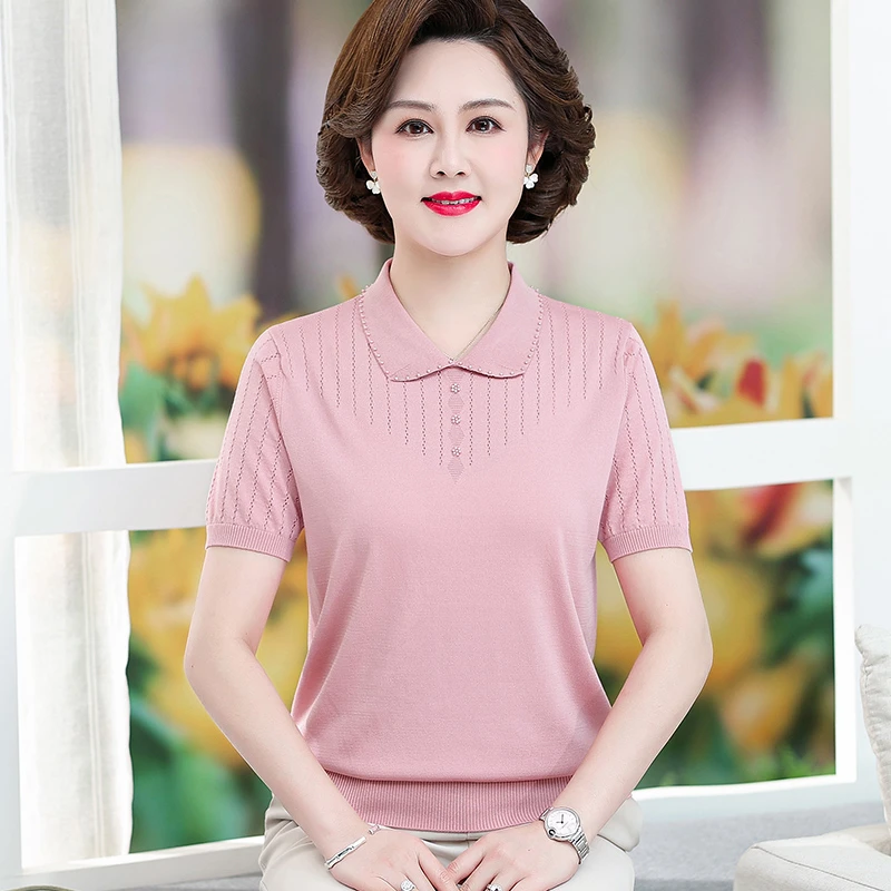 中年妈妈夏装冰丝短袖t恤薄款中老年女翻领上衣服新款洋气50岁40