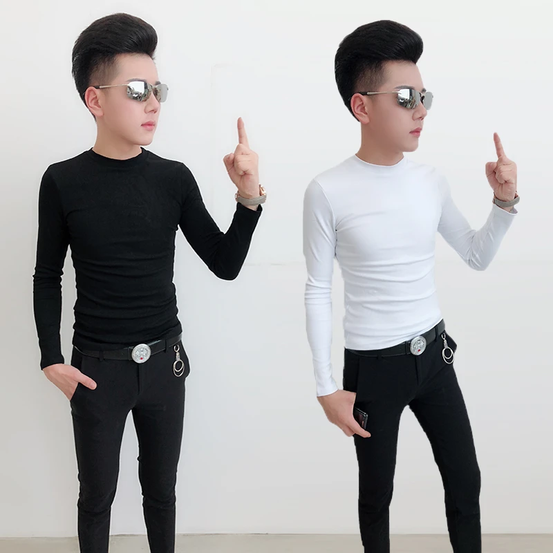 长袖T恤男紧身纯棉加绒加厚修身中领2025秋冬160小码半高领打底衫