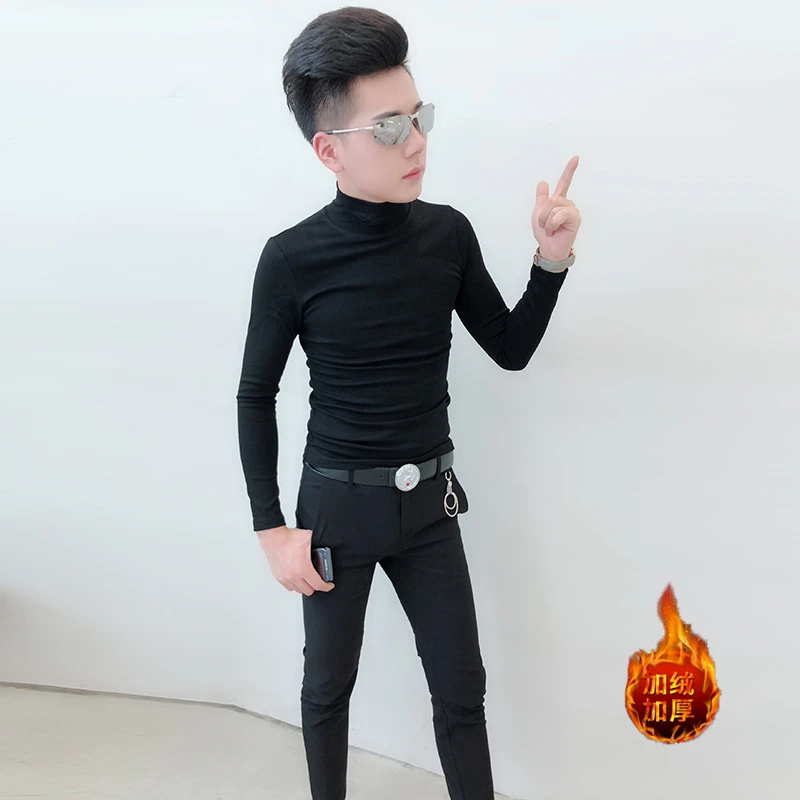 长袖T恤男修身加绒加厚纯棉2025秋冬季小码紧身半高领男士打底衫
