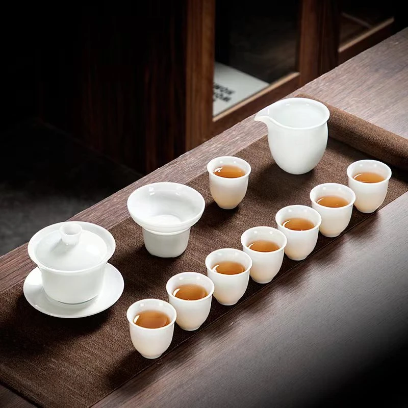 晟翔冰种盖碗12头礼盒陶瓷功夫茶具套装整套羊脂玉白瓷套装茶器