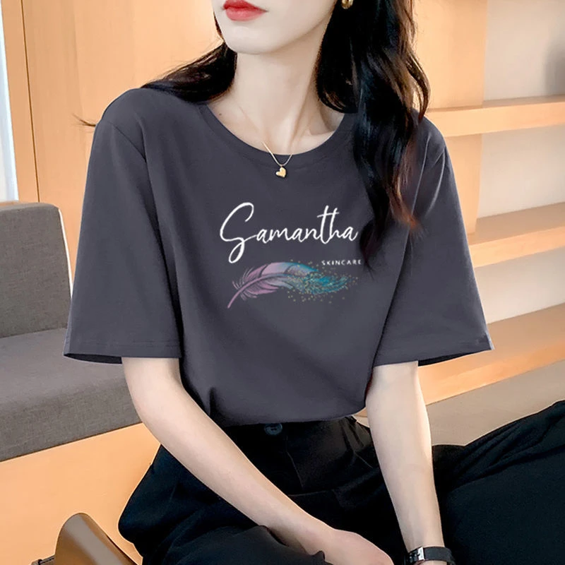 高品质棉灰色短袖t恤女2025夏新款宽松显瘦休闲百搭半袖T恤衫上衣