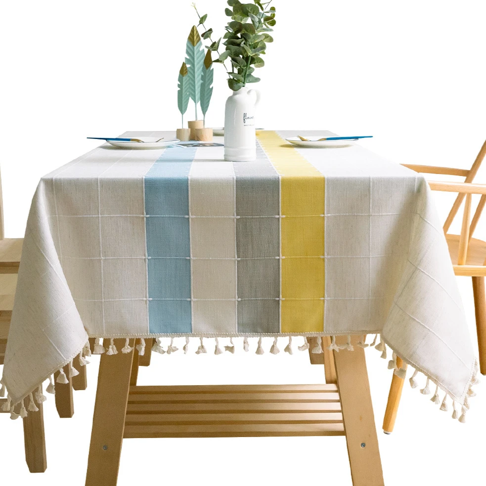 桌子茶几桌布桌垫防滑亚麻布艺四色条纹长方形餐桌布简约防烫棉麻