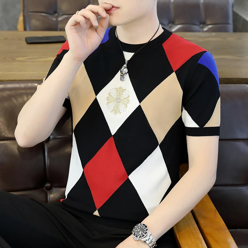 墨绣山男士高端薄款针织冰麻伊力特休闲圆领冰感修身韩版潮流t恤