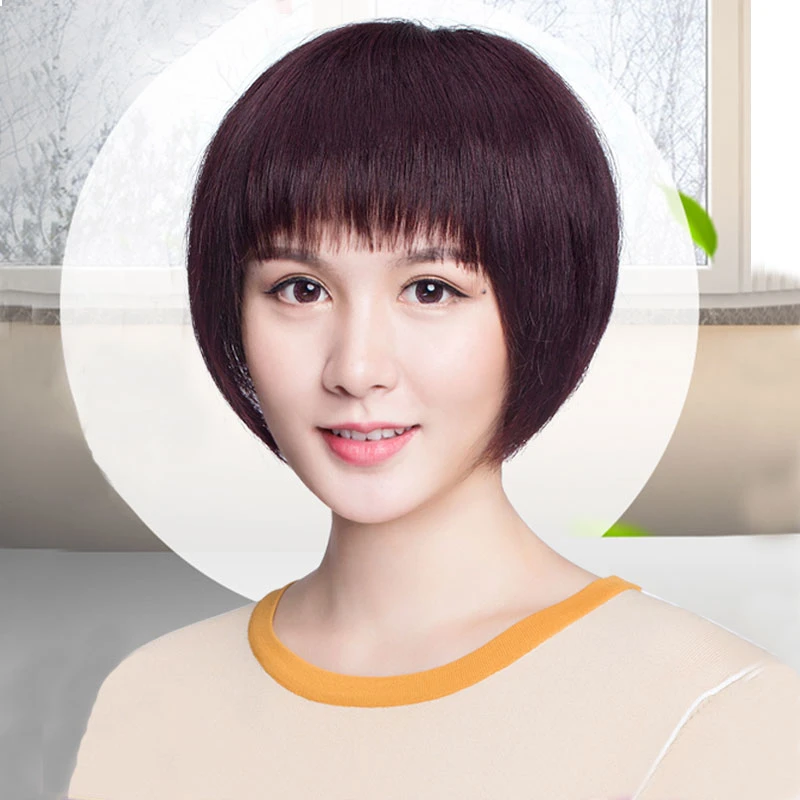 女士妈妈假发套女短发齐碎刘海波波头圆脸修脸中老年头套真人发丝