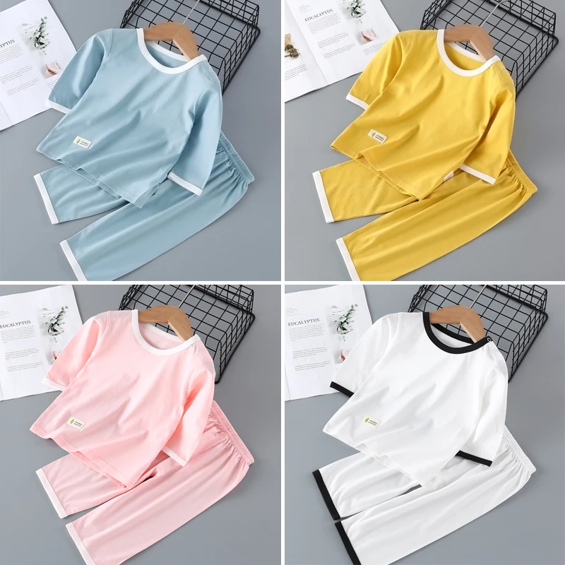 儿童夏季薄款空调服套装男童女童夏装家居服套装睡衣宝宝中小童