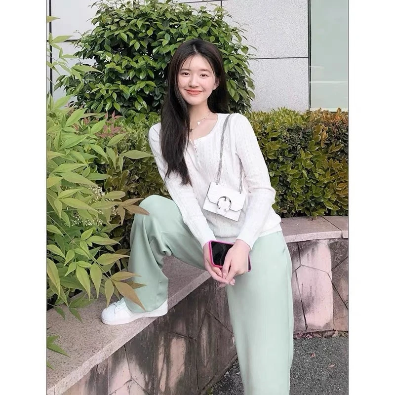 2022夏新奶绿色阔腿裤女夏季薄款宽松垂坠感高腰显瘦休闲长裤子