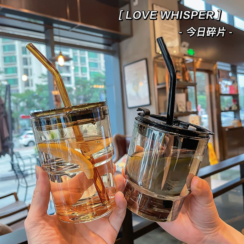 川岛屋ins简约透明高硼硅玻璃杯办公吸管早餐咖啡水杯便携随行杯
